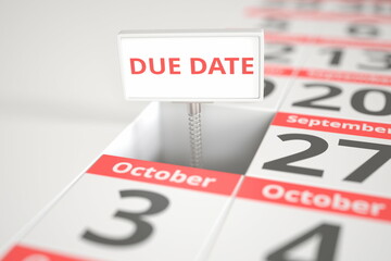 DUE DATE sign on September 26 in a calendar, 3d rendering