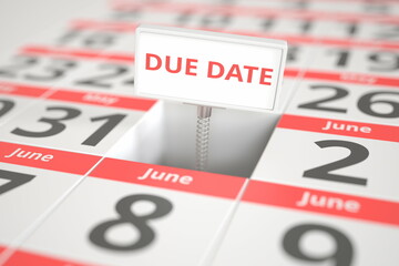 DUE DATE message on June 1 in a calendar, 3d rendering