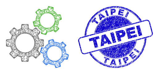 Obraz premium Network irregular mesh cogwheels icon with Taipei scratched round stamp seal. Abstract lines are combined into cogwheels object. Blue stamp seal includes Taipei title inside round form.