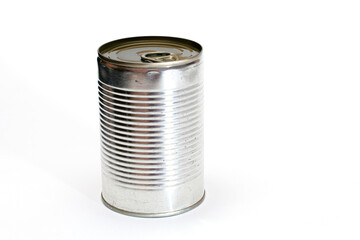 Unopened Tin Can with Blank Edge on White Background. Canned Food. Aluminum Can for Safe and Long Term Storage of Food. Steel Sealed Food Storage Container