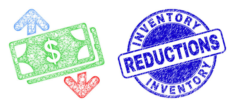 Carcass irregular mesh banknotes exchange arrows icon with Inventory Reductions textured round seal print. Abstract lines form banknotes exchange arrows illustration.
