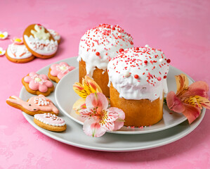 Easter bread or Traditional Easter Cake on Icing and confectionery sprinkles as modern Decoration on pink background with copy space