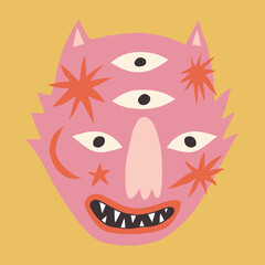 Funny cat face monster boho naive funky handdrawn style art