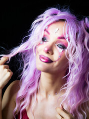 Girl with bright makeup and purple hair - 469814654
