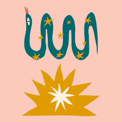 Childish style snake boho naive funky handdrawn art