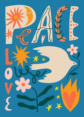 Fototapeta na wymiar Peace love collage text boho naive funky handdrawn letters style art