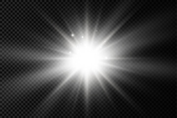 White glowing light star, burst sun rays.