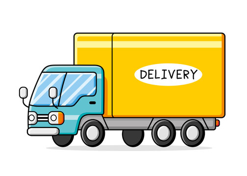 Blue yellow delivery van truck isolated cartoon vector illustration