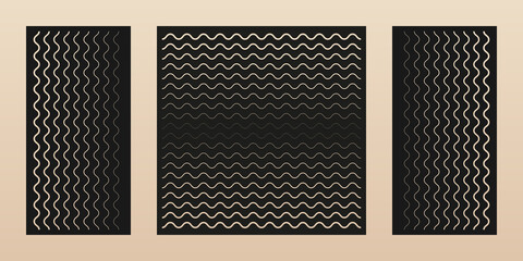 Laser cut panel. Vector design, simple modern geometric pattern, horizontal and vertical halftone wavy lines, curved stripes. Template for cnc cutting of wood, metal, plastic. Aspect ratio 1:1, 1:2