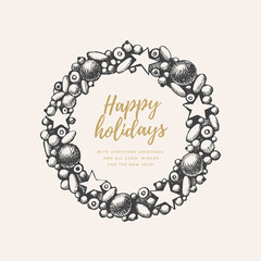 Festive calligraphy lettering with hand-drawn Christmas wreath. Vintage decorative element of the holiday. Suitable for the design of invitations, greeting cards, holiday posters.