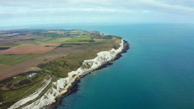 Aerial view of the White Cliffs of Dover which face towards continental Europe across the narrowest part of the English Channel. England, East Sussex. Between France and UK