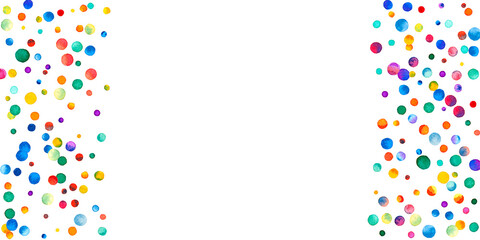 Watercolor confetti on white background. Adorable rainbow colored dots. Happy celebration wide colorful bright card. Admirable hand painted confetti.