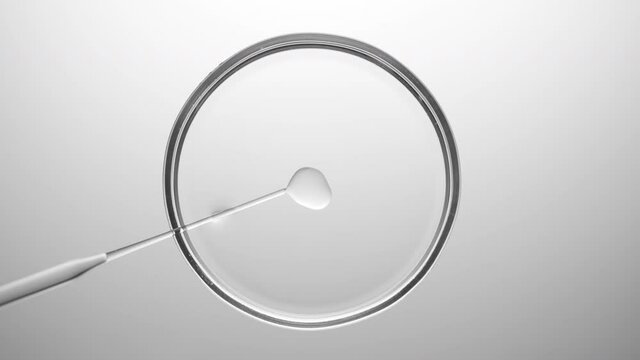 Top view macro shot of lab dropper injects oil into transparent fluid in petri dish on light grey background | Abstract skincare products formulating concept