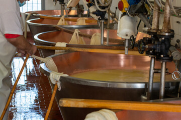 Process of making wheels of parmigiano-reggiano parmesan cheese on small cheese farm in Parma, Italy
