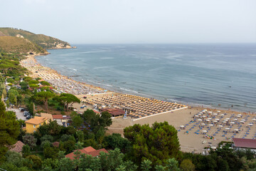 View on sandy beaches of Sperlonga, ancient Italian city in province Latina on Tyrrhenian sea, tourists vacation destination