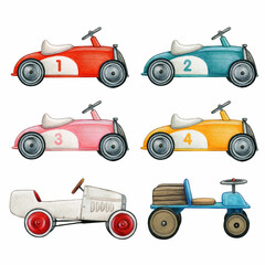 Naklejka premium Watercolor hand drawn toy pedal cars
