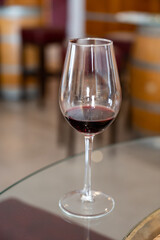 Wine industry of Cyprus island, tasting of red dry wine on winery located on south slopes of Troodos mountain range.