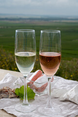Glasses of white and rose brut champagne wine and examples of vineyard soils, white chalk stones and firestones and view on grand cru vineyards of  Montagne de Reims near Verzenay, Champagne, France