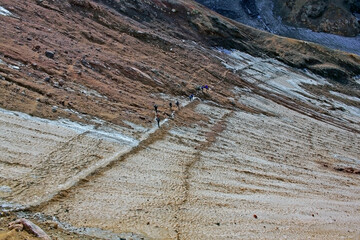The ascent of tourists to the Mutnovsky volcano, Russia