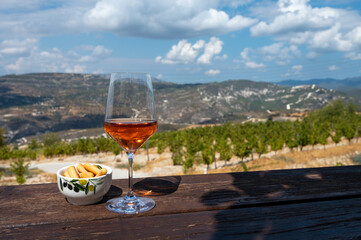 Wine industry of Cyprus island, tasting of rose dry wine on winery with view on vineyards and south...