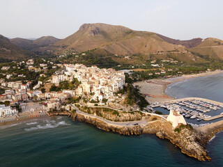 Aerial view on old and new parts of Sperlonga, ancient Italian city in province Latina on Tyrrhenian sea, tourists vacation destination