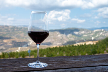 Wine industry of Cyprus island, tasting of red dry wine on winery with view on vineyards and south slopes of Troodos mountain range.