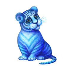 illustration stylized cartoon blue tiger, symbol of the year 2022