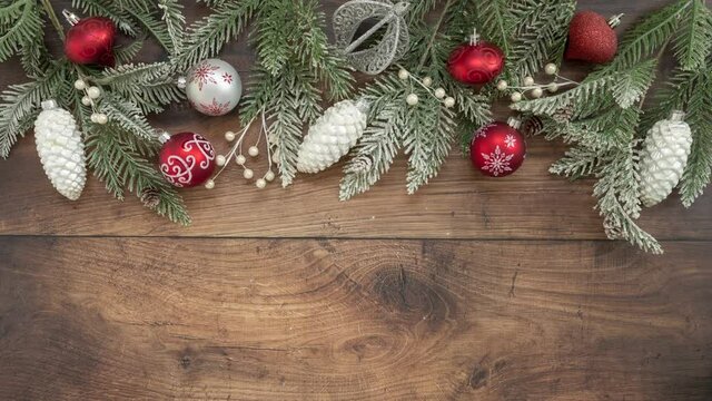 Christmas Decorations on a Rustic Wooden Background