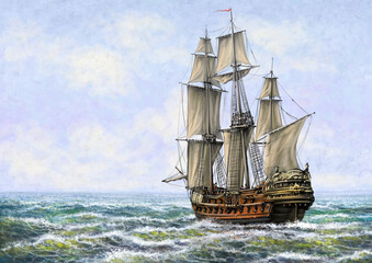 Fototapeta na wymiar Old ship on the sea. Digital oil paintings sea landscape. Fine art, artwork