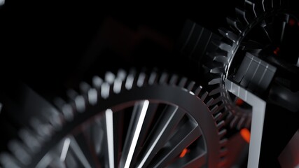 Fototapeta premium Steel gears from an engine gearbox, close up. High performance engines, concept. Digital 3D rendering.
