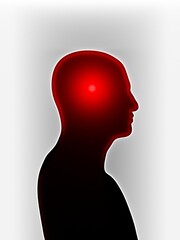 Mental health issues, concept. Human silhouette on white background with red bright spotlight. Digital 3D rendering.