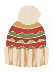 Isolated vector element. Cozy autumn hat. Сlothing store. For woman and for girl. Сlothing store. Color image on a white background. The print is used for packaging design.
