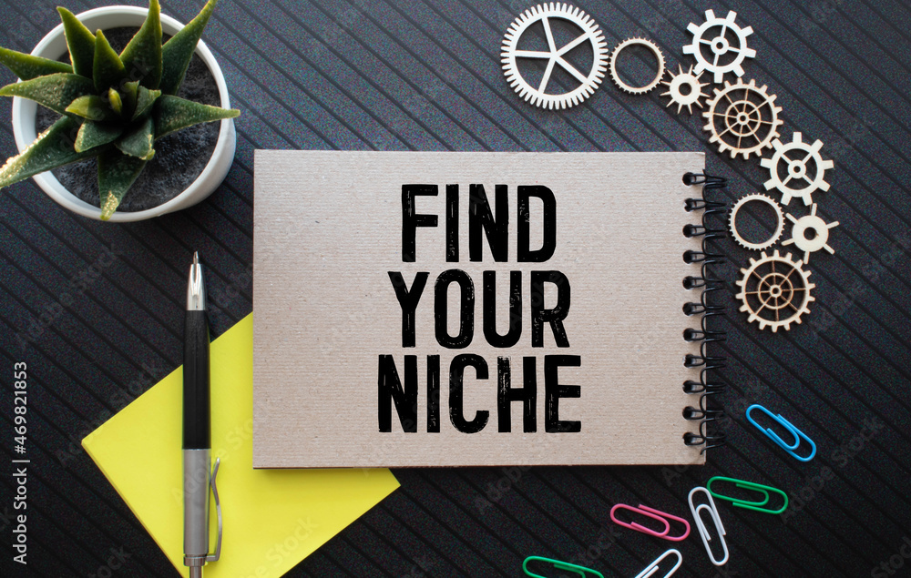 Poster handwriting of find your niche word in notebook on the desk