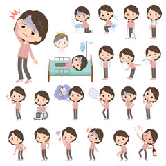 怪我や病気の状態のピンクジャージ中年女性のセット