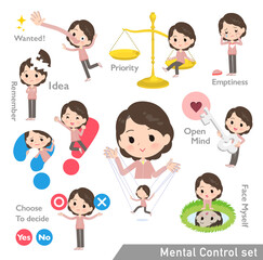 メンタルコントロールをするピンクジャージ中年女性のセット