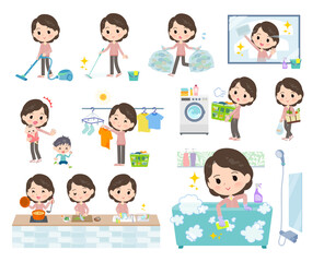 掃除や洗濯など家事に関するピンクジャージ中年女性のセット