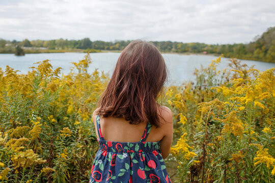 rear-view of small child standing in prairie of wildflowers by lake