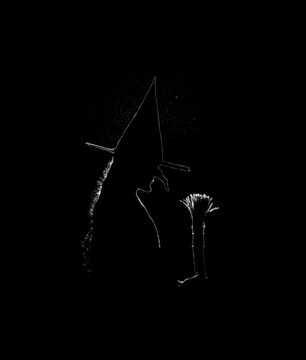 Black and white rim light silhouette of a woman in a witch costume.t