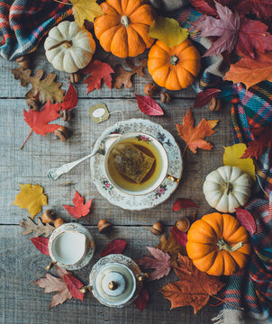 Overhead of cup of tea on wooden table with autumn decor.