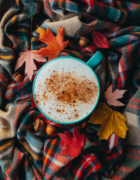 Overhead of pumpkin spice latte on plaid fall scarf with leaves