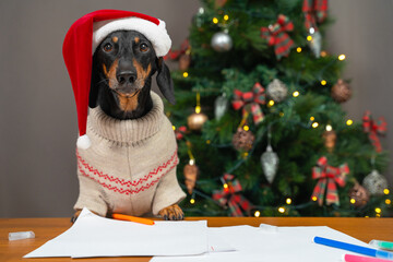 Cute dachshund dog in festive sweater and hat is going to write letter to Santa with desired gifts, front view. Decorated Christmas tree on blurred background.