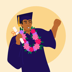 Illustration of happy graduate wearing flower lei