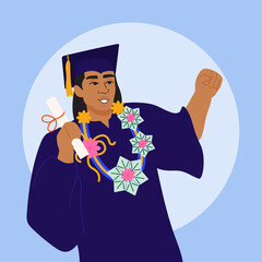 Illustration of happy graduate wearing money lei