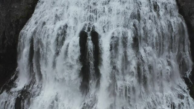 Dynjandi waterfall in westfjords from aerial view in 4k