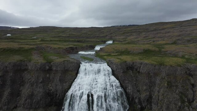 Dynjandi waterfall in westfjords from aerial view in 4k