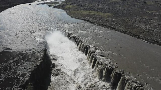 Detifoss extreme waterfall from aerial view in 4k
