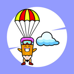 Pencil mascot cartoon is skydiving with parachute and happy gesture cute style design for t-shirt, sticker, logo element