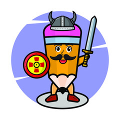Pencil viking pirate character cartoon with hat and holding sword and shield in cute style design for t-shirt, sticker, logo element, poster