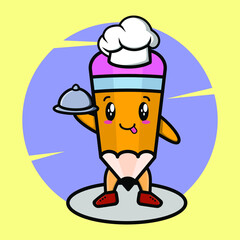 Pencil chef mascot character serving food on tray cute style design for t-shirt, sticker, logo element