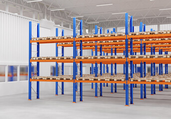 Metal warehouse shelves. Modern logistics warehouse. Shelves for storing goods and goods. Empty shelves with wooden pallets. Cargo storage